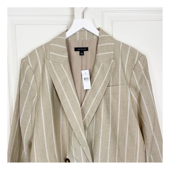Ann Taylor Pinstriped Double Breasted Tan Linen Blend Blazer Lined NWT - Picture 4 of 11